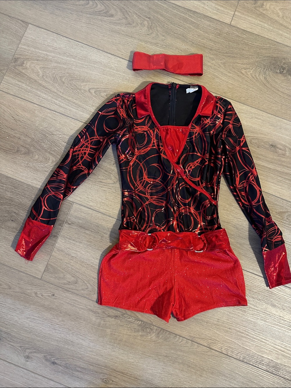 Shiny red and black unitard dance costume. Adult Small.